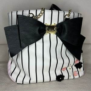 Black & White Stripe with Pink/Black/White Sequin Flower Purse by Betsey Johnson